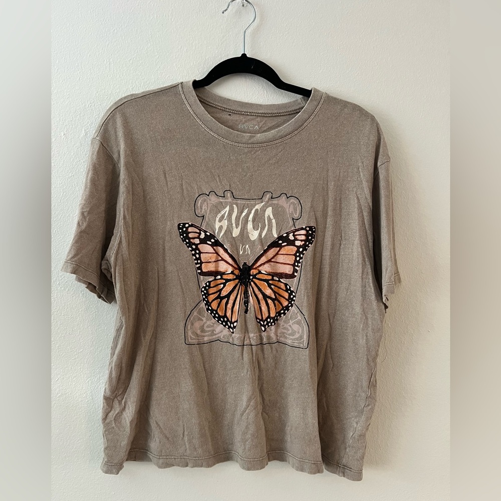 RVCA Tan Tee with Butterfly Design